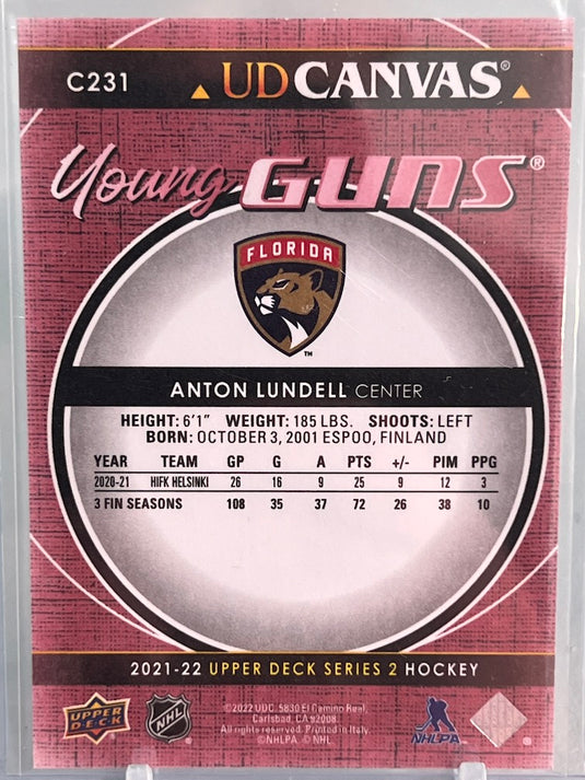 Anton Lundell Young Guns Canvas # C231 Florida Panthers 2021-22 Upper Deck