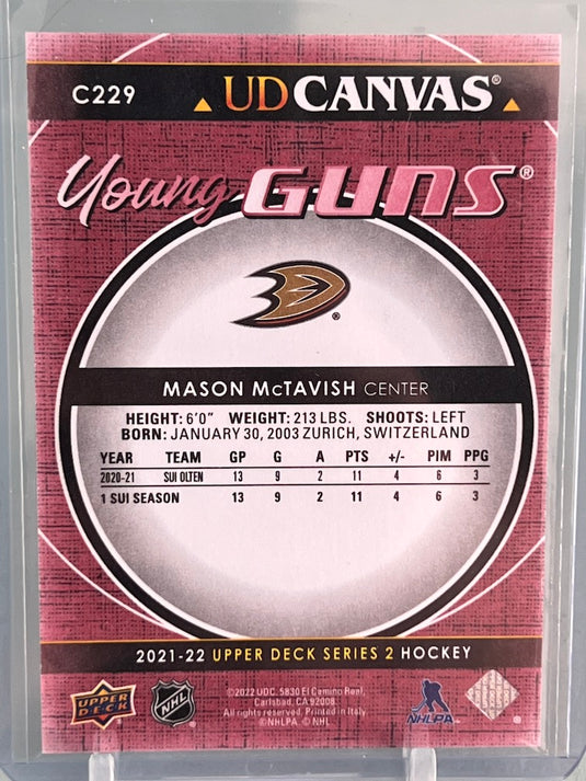 Mason McTavish Young Guns Canvas # C229 Anaheim Ducks 2021-22 Upper Deck